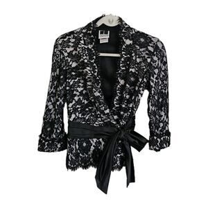 Tadashi Shoji Collection Jacket Wrap 8 Black‎ Lace Overlay Floral Sequin Beaded